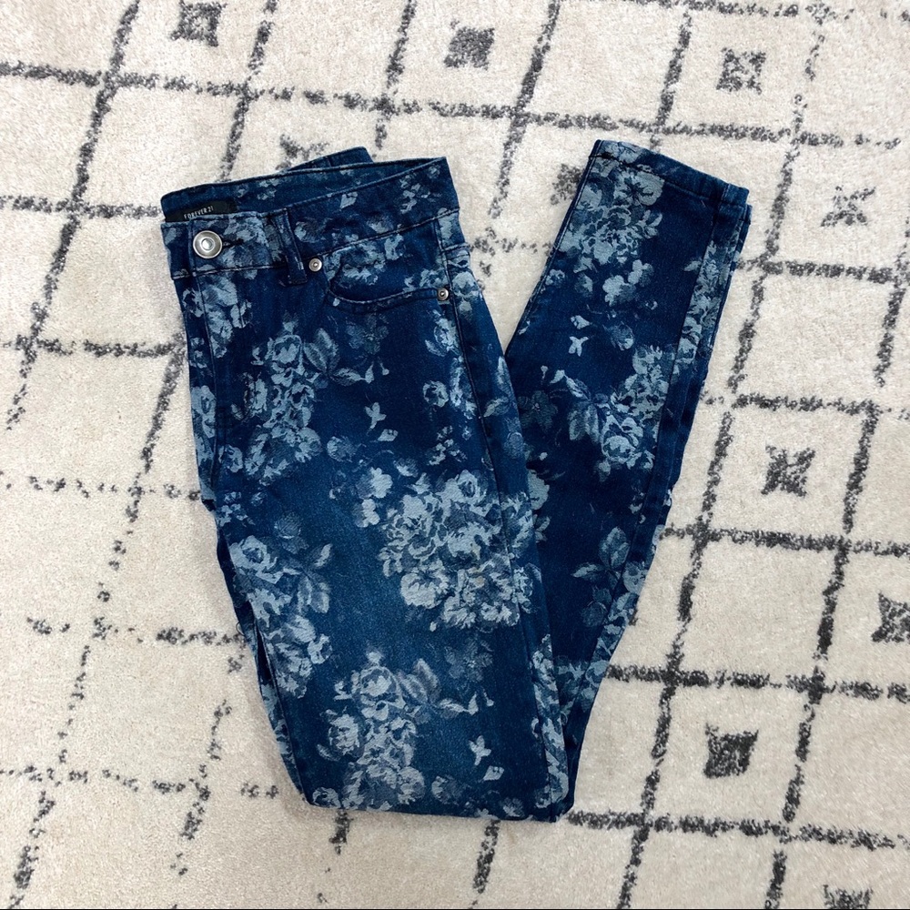 Forever 21 Floral Denim Skinny Jeans